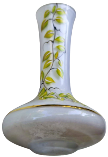 1950 OPALİN BEYAZ SÜT  VAZO ÜZERİ EL BOYAMA CİCEKLER VAZO AGZI VE GÖVDESİ EL CEKME ALTIN 