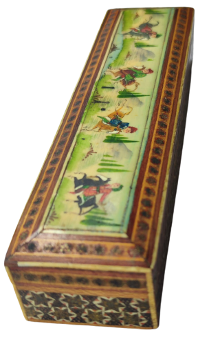 ATA SPORUMUZ CİRİT  MİNYATUR EL CİZİM EL BOYAMA AT ÜZERİNDE CİRİT OYNAYAN OYUNCULAR EL İŞCİLİKLİ AHŞAP KAPAKLI KALEM KUTUSU