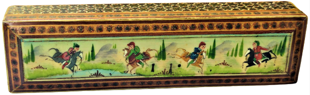 ATA SPORUMUZ CİRİT  MİNYATUR EL CİZİM EL BOYAMA AT ÜZERİNDE CİRİT OYNAYAN OYUNCULAR EL İŞCİLİKLİ AHŞAP KAPAKLI KALEM KUTUSU