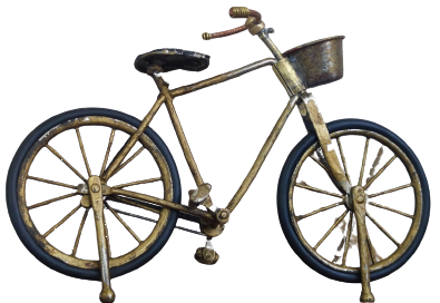 EL YAPIM MAKET BİSİKLET AHŞAP KAİDE ÜZERİNDE İKİ TEKERLEKLİ ÖNÜNDE SEPETİ BULUNAN BİSİKLET 