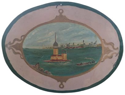 1950 TENEKE ÜSKUDAR SALACAKTAN KIZ KULESİ  YAGLI BOYA ELCİZİM VE BOYAMA  DUKKAN DUVAR RESMİ İSTANBUL OVAL OLARAK KESİLMİŞ SAC CERCEVESİZ