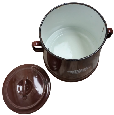 EMAYE KAPAKLI YANDAN CİFT TAŞIMA KULPLU KAHVERENGİ ÜZERİ BEYAZ DIŞI CİCEKLİ İÇERSİ BEYAZ EMAYE  8 LİTRELİK KOVA