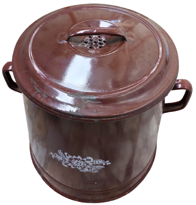 EMAYE KAPAKLI YANDAN CİFT TAŞIMA KULPLU KAHVERENGİ ÜZERİ BEYAZ DIŞI CİCEKLİ İÇERSİ BEYAZ EMAYE  8 LİTRELİK KOVA