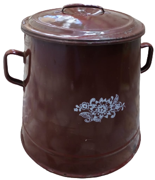 EMAYE KAPAKLI YANDAN CİFT TAŞIMA KULPLU KAHVERENGİ ÜZERİ BEYAZ DIŞI CİCEKLİ İÇERSİ BEYAZ EMAYE  8 LİTRELİK KOVA