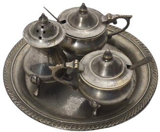 GÜMÜŞ KAPLAMA 4 PARÇADAN OLUŞAN MASA ÜZERİ ORJINAL TEPSİSİNDE  BAHARAT SERVİS TAKIMI