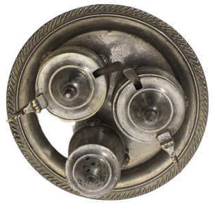 GÜMÜŞ KAPLAMA 4 PARÇADAN OLUŞAN MASA ÜZERİ ORJINAL TEPSİSİNDE  BAHARAT SERVİS TAKIMI