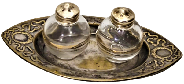 OSMANLI TUZLUK BİBERLİK METAL KISIMLAR GÜMÜŞ KAPLAMA CAMLARI ALTIN EL CEKME  MASA ÜZERİ 