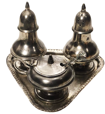 MASA ÜZERİ BAHARAT TAKIMI ÜCGEN FORMDA TEPSİ TUZLUK BİBERLİK VE KAŞIKLI KAPAKLI SOSLUK  4 PARCA GÜMÜŞ KAPLAMA