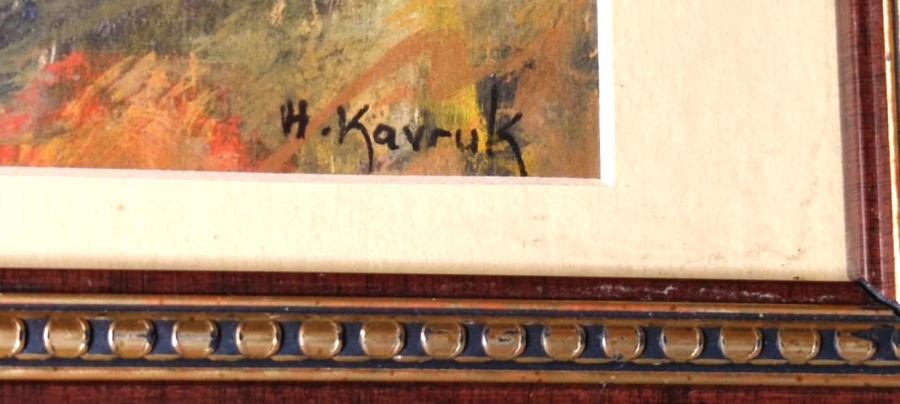 1970 HASAN KAVRUK  RESSAM SANATCI İMZALI KARTON ÜZERİNE GUAJ BOYA SERBEST CALIŞMA ORJİNAL YANSITMAYAN CAMLI CERCEVESİNDE