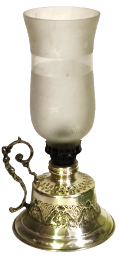 DEPO KISMI GÜMÜŞ KAPLAMA ÜZERİ  EL İŞİ  CİCEKLER İŞLEMELİ BEZ FİTİLLİ ISIK AYARLI CAMLI GAZ LAMBASI 