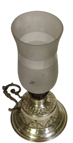 DEPO KISMI GÜMÜŞ KAPLAMA ÜZERİ  EL İŞİ  CİCEKLER İŞLEMELİ BEZ FİTİLLİ ISIK AYARLI CAMLI GAZ LAMBASI 