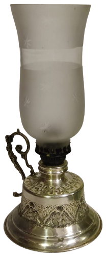 DEPO KISMI GÜMÜŞ KAPLAMA ÜZERİ  EL İŞİ  CİCEKLER İŞLEMELİ BEZ FİTİLLİ ISIK AYARLI CAMLI GAZ LAMBASI 