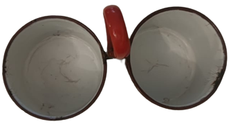 1940 CİNKO ÜZERİ EMAYE SIR KAPLI CİFT TARAFLI ORTASI  TAŞIMA KULPLU ÜZERİ  GÖZ CİCEK DESENLİYEŞİL KIRMIZI TONLARDA  BAHARATLIK