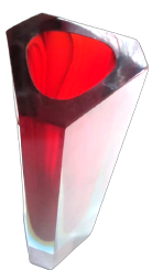 1970 İTALYAN MURANO KIRMIZI BEYAZ TONLARDA GİOMETRİK PİRAMİT KESİM VAZO