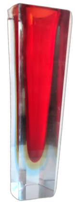 1970 İTALYAN MURANO KIRMIZI BEYAZ TONLARDA GİOMETRİK PİRAMİT KESİM VAZO