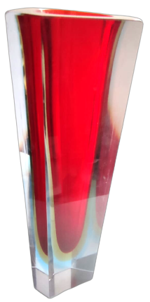 1970 İTALYAN MURANO KIRMIZI BEYAZ TONLARDA GİOMETRİK PİRAMİT KESİM VAZO