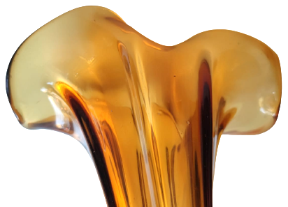 1970 İTALYAN MURANO BAL RENK TONLARDA AGIZ TARAFI MARUL FORMDA VAZO 