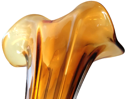 1970 İTALYAN MURANO BAL RENK TONLARDA AGIZ TARAFI MARUL FORMDA VAZO 