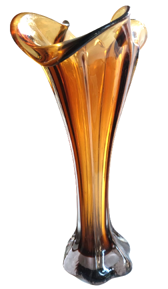 1970 İTALYAN MURANO BAL RENK TONLARDA AGIZ TARAFI MARUL FORMDA VAZO 