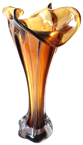 1970 İTALYAN MURANO BAL RENK TONLARDA AGIZ TARAFI MARUL FORMDA VAZO 