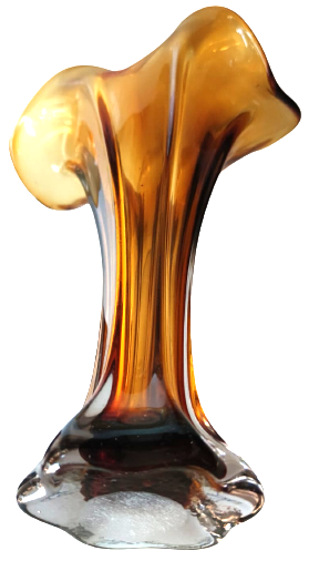 1970 İTALYAN MURANO BAL RENK TONLARDA AGIZ TARAFI MARUL FORMDA VAZO 