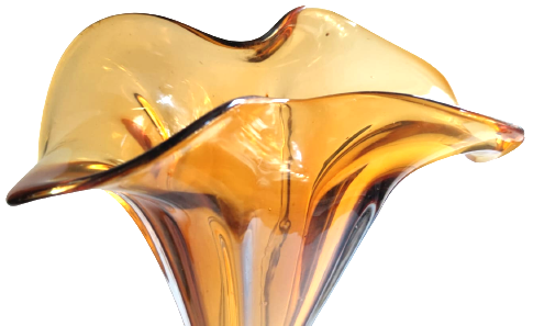 1970 İTALYAN MURANO BAL RENK TONLARDA AGIZ TARAFI MARUL FORMDA VAZO 