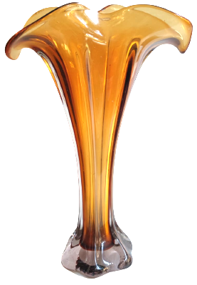 1970 İTALYAN MURANO BAL RENK TONLARDA AGIZ TARAFI MARUL FORMDA VAZO 