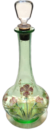 OSMANLI SU YEŞİLİ ÜZERİ EL İŞLEME RENKLİ CİCEKLERLE BEZELİ AGIZ KISMI MANTAR VE CAM TIPALI KARAF ŞİŞE