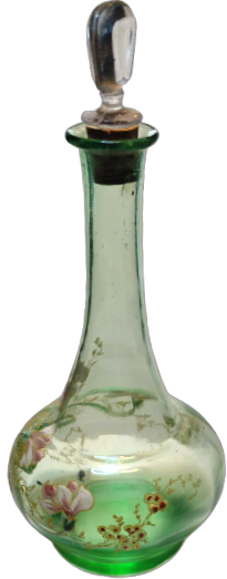 OSMANLI SU YEŞİLİ ÜZERİ EL İŞLEME RENKLİ CİCEKLERLE BEZELİ AGIZ KISMI MANTAR VE CAM TIPALI KARAF ŞİŞE