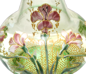 OSMANLI SU YEŞİLİ ÜZERİ EL İŞLEME RENKLİ CİCEKLERLE BEZELİ AGIZ KISMI MANTAR VE CAM TIPALI KARAF ŞİŞE