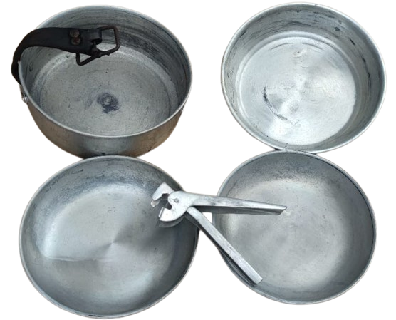 İKİNCİ DUNYA SAVAŞI ASKERİ SAHRA AMACLI TASARLANMIŞ 5 PARCA SAHADA  YEMEK YAPMA YEME SETİ ALUMİNYUM TAIWAN MALI