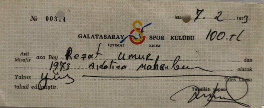 GALATASARAY SPOR KULÜBÜ İCTİMAİ KISIM 7 ŞUBAT 1973 TARİH 00324 NUMARALI 100  LİRALIK RENKLİ GS LOGOLU