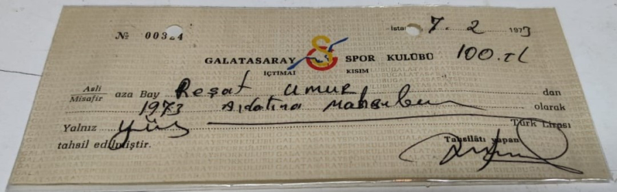 GALATASARAY SPOR KULÜBÜ İCTİMAİ KISIM 7 ŞUBAT 1973 TARİH 00324 NUMARALI 100  LİRALIK RENKLİ GS LOGOLU