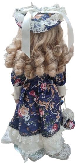 ELİ YÜZÜ PORSELEN VE EL BOYAMA YAPIMI EL DİKİM LACİVERT BEYAZ TONLARDA KUMAŞ ELBİSELİ ELİNDE CANTASI YÖRESEL SARI SACLI OYUNCAK KIZ COCUK BEBEK