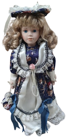 ELİ YÜZÜ PORSELEN VE EL BOYAMA YAPIMI EL DİKİM LACİVERT BEYAZ TONLARDA KUMAŞ ELBİSELİ ELİNDE CANTASI YÖRESEL SARI SACLI OYUNCAK KIZ COCUK BEBEK