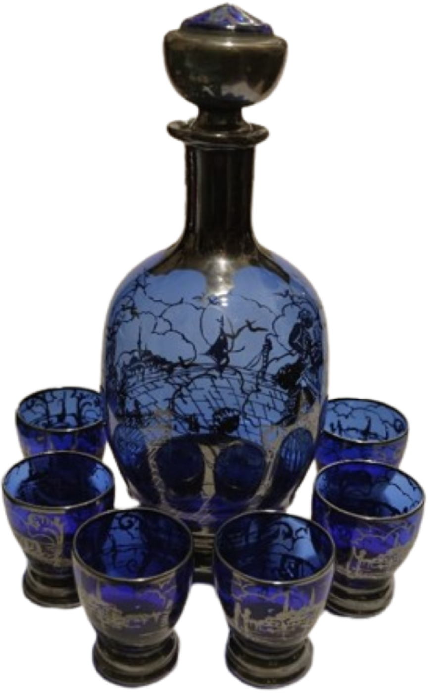 1900 ZEMZEM TAKIMI OSMANLI PAZARI İÇİN ÖZEL YAPILMIŞ ÜZERLERİ GÜMÜŞ EL CEKME KOBALT MAVİSİ CAMİİ TAVSİRLİ TAM TAKIM