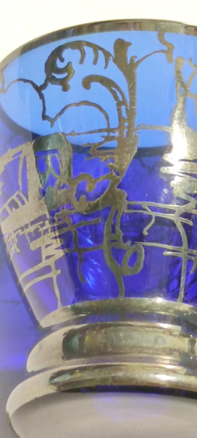 1900 ZEMZEM TAKIMI OSMANLI PAZARI İÇİN ÖZEL YAPILMIŞ ÜZERLERİ GÜMÜŞ EL CEKME KOBALT MAVİSİ CAMİİ TAVSİRLİ TAM TAKIM