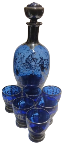 1900 ZEMZEM TAKIMI OSMANLI PAZARI İÇİN ÖZEL YAPILMIŞ ÜZERLERİ GÜMÜŞ EL CEKME KOBALT MAVİSİ CAMİİ TAVSİRLİ TAM TAKIM