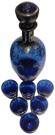 1900 ZEMZEM TAKIMI OSMANLI PAZARI İÇİN ÖZEL YAPILMIŞ ÜZERLERİ GÜMÜŞ EL CEKME KOBALT MAVİSİ CAMİİ TAVSİRLİ TAM TAKIM