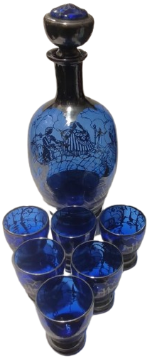 1900 ZEMZEM TAKIMI OSMANLI PAZARI İÇİN ÖZEL YAPILMIŞ ÜZERLERİ GÜMÜŞ EL CEKME KOBALT MAVİSİ CAMİİ TAVSİRLİ TAM TAKIM