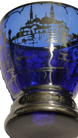 1900 ZEMZEM TAKIMI OSMANLI PAZARI İÇİN ÖZEL YAPILMIŞ ÜZERLERİ GÜMÜŞ EL CEKME KOBALT MAVİSİ CAMİİ TAVSİRLİ TAM TAKIM