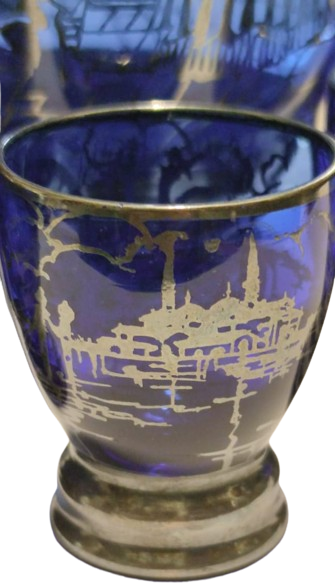 1900 ZEMZEM TAKIMI OSMANLI PAZARI İÇİN ÖZEL YAPILMIŞ ÜZERLERİ GÜMÜŞ EL CEKME KOBALT MAVİSİ CAMİİ TAVSİRLİ TAM TAKIM