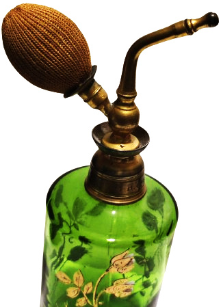 FRANSIZ İPEK POMPALI ÜZERİ EL ALTIN CEKME CİCİKLER YEŞİL BİLLÜR CAM  DOLDURULABİLİNİR PARFUM ŞİŞESİ 