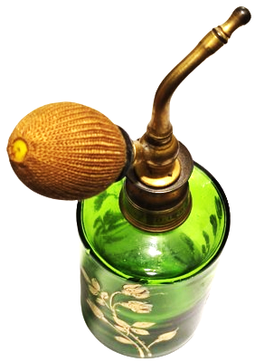 FRANSIZ İPEK POMPALI ÜZERİ EL ALTIN CEKME CİCİKLER YEŞİL BİLLÜR CAM  DOLDURULABİLİNİR PARFUM ŞİŞESİ 