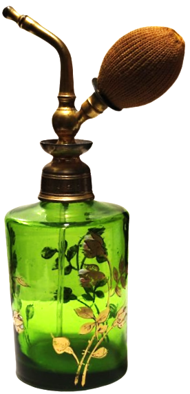 FRANSIZ İPEK POMPALI ÜZERİ EL ALTIN CEKME CİCİKLER YEŞİL BİLLÜR CAM  DOLDURULABİLİNİR PARFUM ŞİŞESİ 