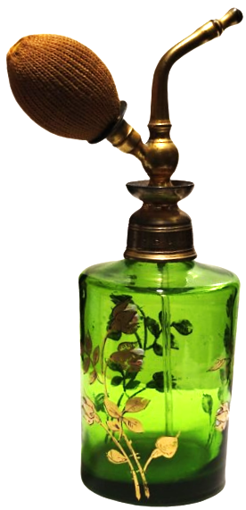 FRANSIZ İPEK POMPALI ÜZERİ EL ALTIN CEKME CİCİKLER YEŞİL BİLLÜR CAM  DOLDURULABİLİNİR PARFUM ŞİŞESİ 