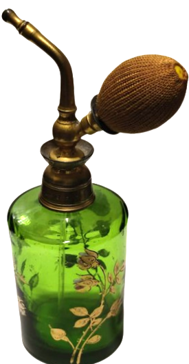 FRANSIZ İPEK POMPALI ÜZERİ EL ALTIN CEKME CİCİKLER YEŞİL BİLLÜR CAM  DOLDURULABİLİNİR PARFUM ŞİŞESİ 