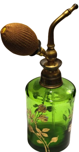 FRANSIZ İPEK POMPALI ÜZERİ EL ALTIN CEKME CİCİKLER YEŞİL BİLLÜR CAM  DOLDURULABİLİNİR PARFUM ŞİŞESİ 