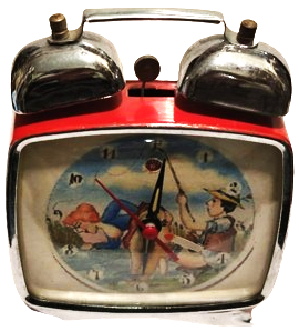 KURMALI KADRAN KISMI BALIKCI AVCI TASVİRLİ  EROTİK HAREKETLİ MEKANİK CİFT CANLI METAL KIRMIZI RENKDE METAL KASA ALRMLI SAAT 