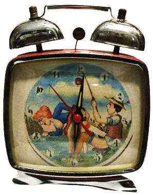 KURMALI KADRAN KISMI BALIKCI AVCI TASVİRLİ  EROTİK HAREKETLİ MEKANİK CİFT CANLI METAL KIRMIZI RENKDE METAL KASA ALRMLI SAAT 